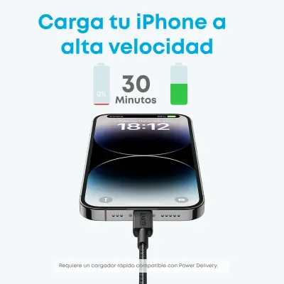 CABLE ANKER TRENZADO TIPO USB-C A LIGHTNING 6FT DE CARGA RÁPIDA NEGRO A81B6H11